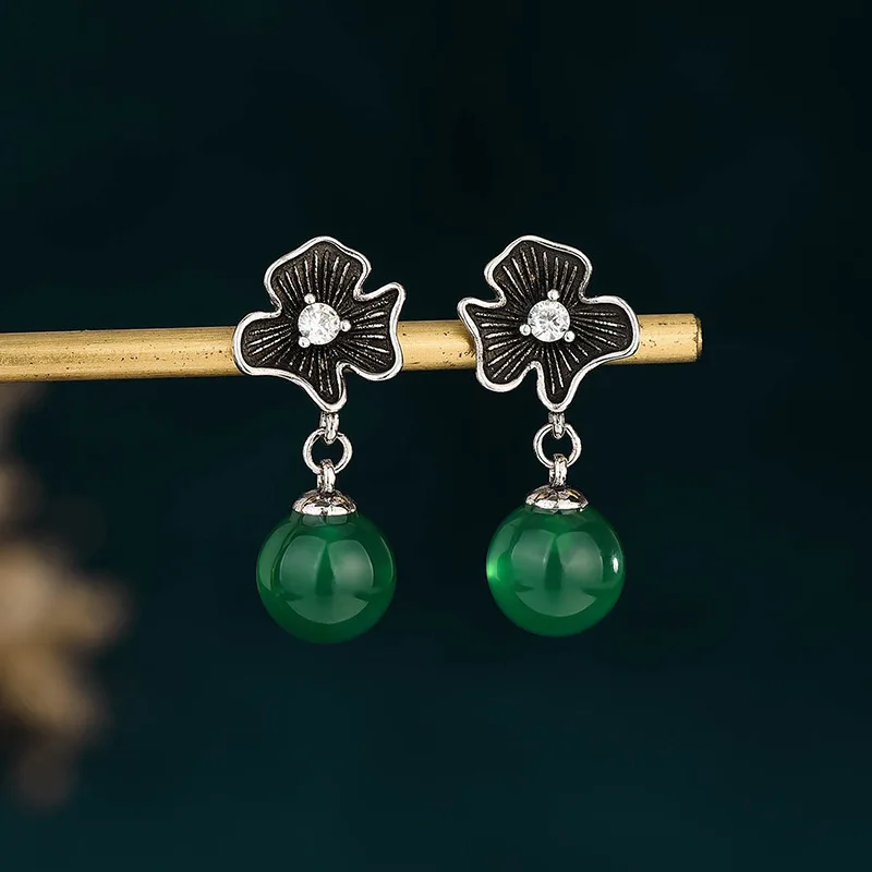 

China Style Vintage Jewelry Old Plated Thai Silver Inlaid Natural Jade Beads Ear Pin Plum Flower Earrings for Women Female 38MM