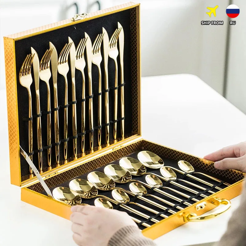 

24Pcs Gold Dinnerware Set Stainless Steel Tableware Set Knife Fork Spoon Flatware Set Christmas Gift Cutlery Set Gift Box