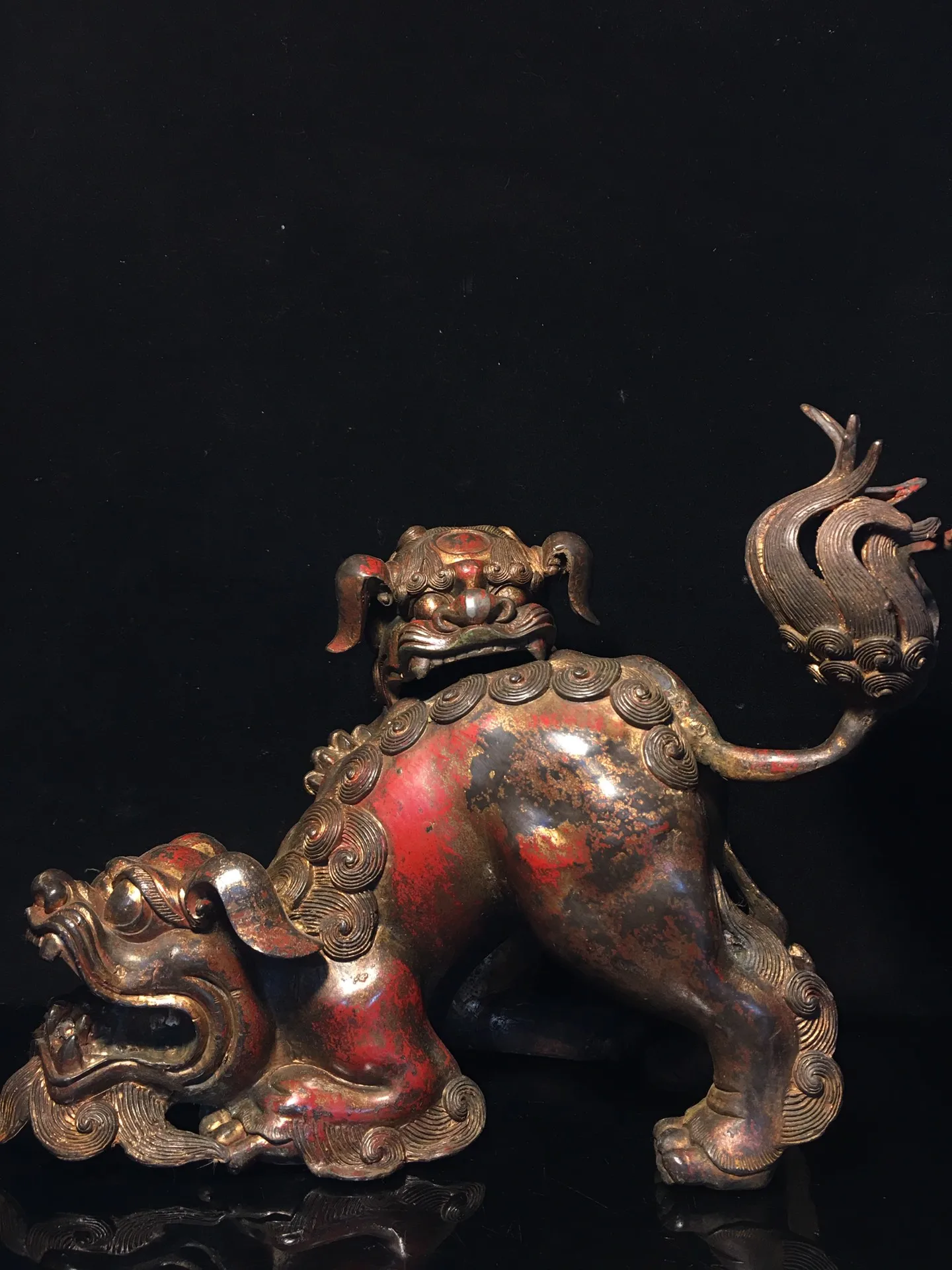 

11" Tibetan Temple Collection old Bronze Cinnabar mud gold lion statue lioness incense burner ornament Town house Exorcism