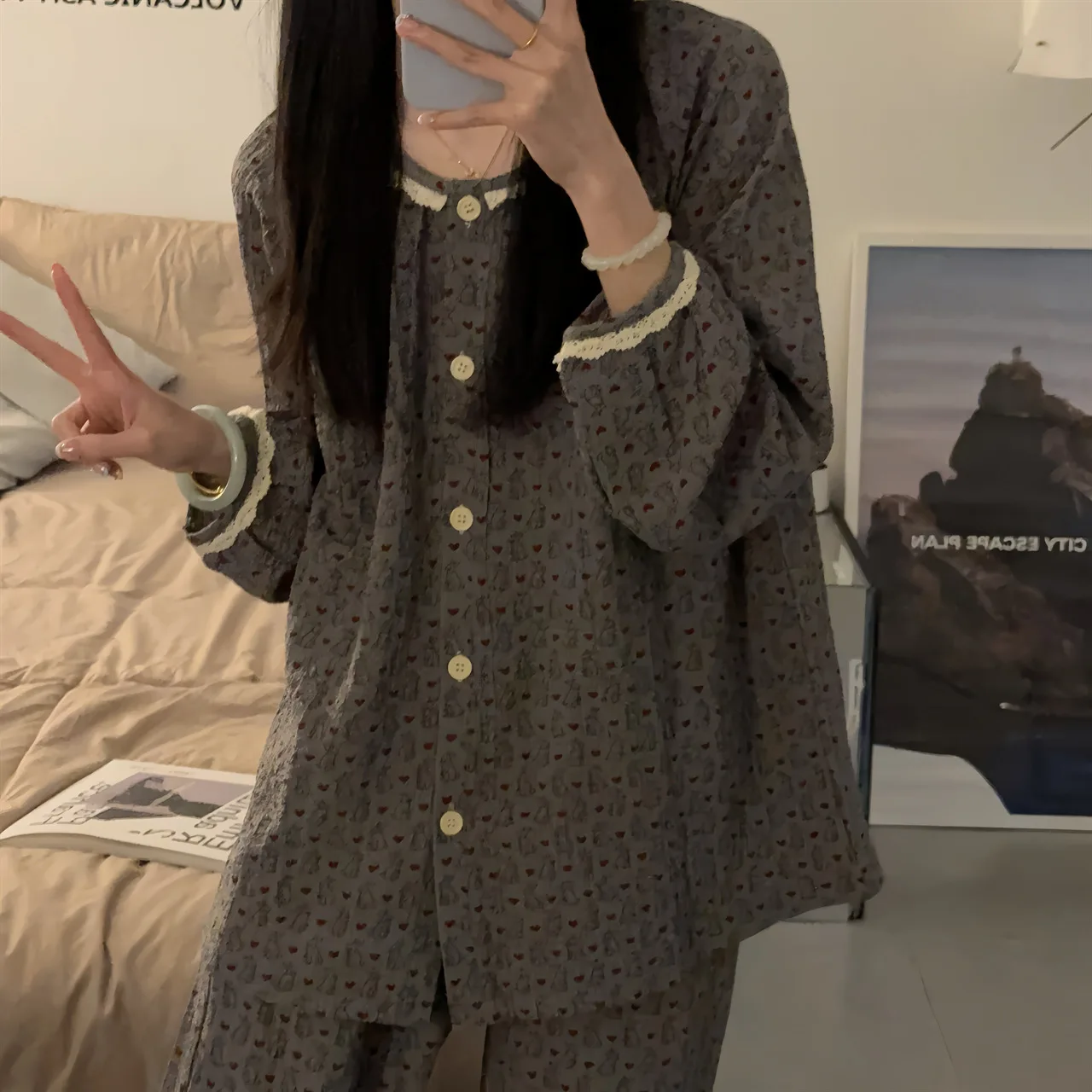 Осенняя серая женская пижама Seersucker с длинным рукавом новинка 2024 милая домашняя