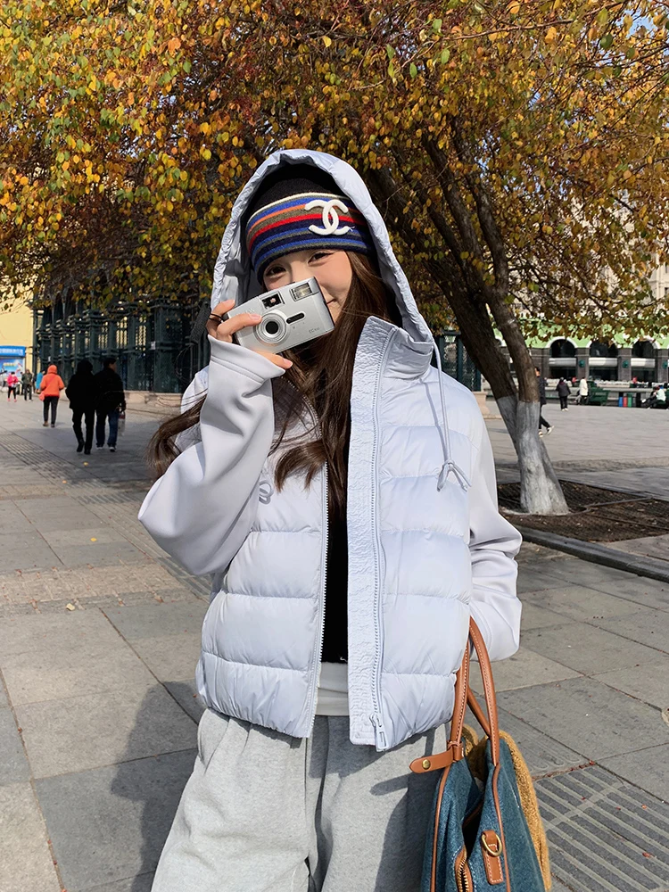 Синий короткий тонкий искусственный пуховик из двух предметов женская зима 2024