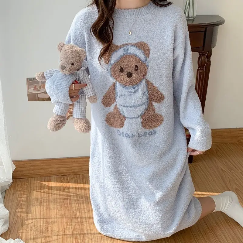 QWEEK Coral Velvet Long Nightie Kawaii Korean Style Bear Print Sleepwear Warm Thicken Women's Nightdress Winter Homewear