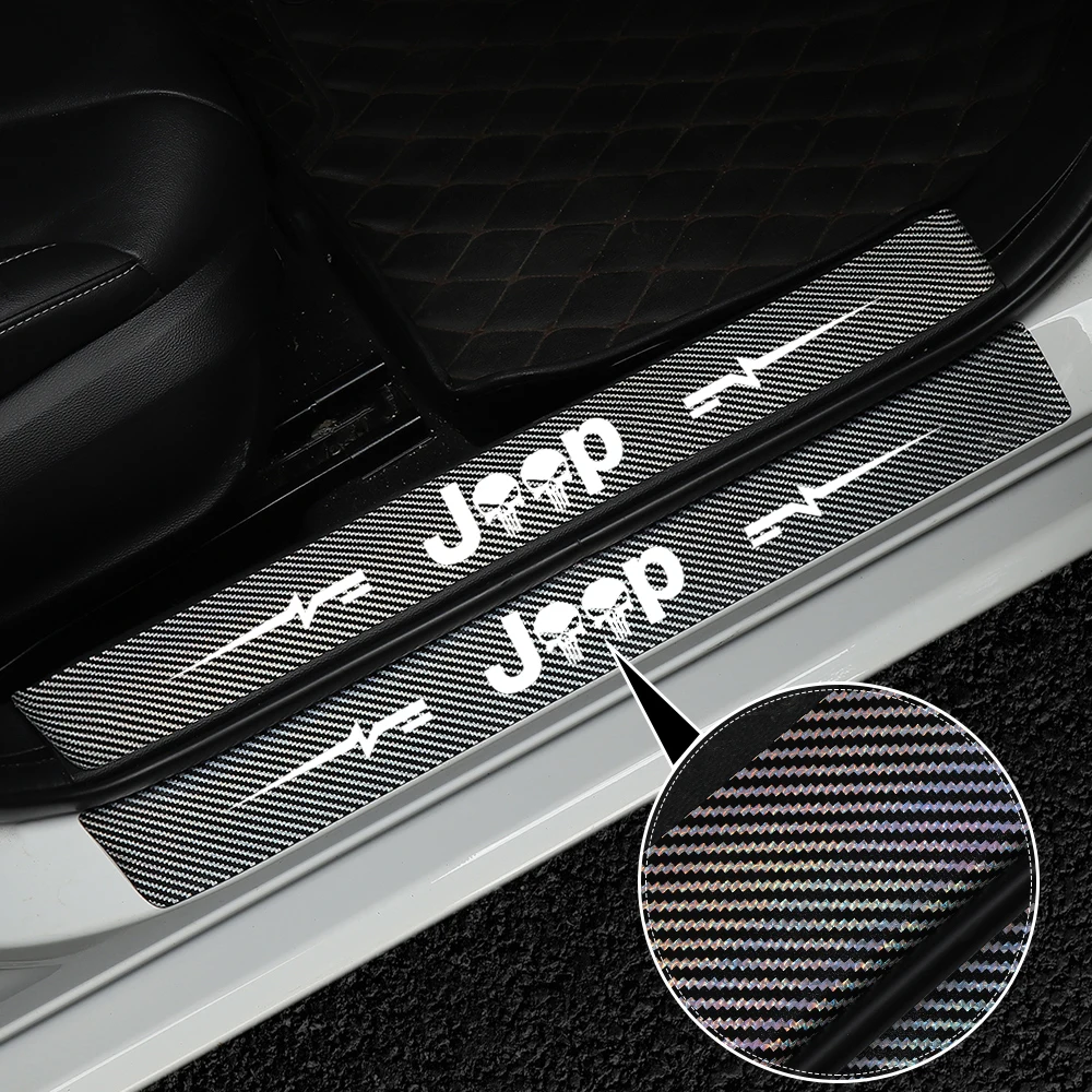 4pcs Car 5D Leather Fiber Sill Plate Sticker Door Threshold Protection For Jeep wrangler Renegade Compass Patriot Accessorie - купить по