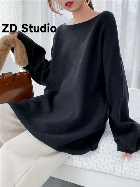 

[ZD Studio] Red Size Knitting Sweater Loose Fit Slash Neck Long Sleeve Women Pullovers New Tide Autumn Winter 2023