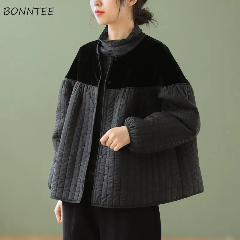 

Short Style Parkas Women Patchwork Lovely Fashion Covered-button Street Wear All-match Daily Casual Winter Clothes Ulzzang Chic