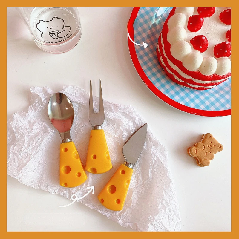 

3 Pcs Cheese Shape Dinnerware Set Mini Stainless Steel Knife Fork Spoon Flatware Safe Kitchen Tablewar