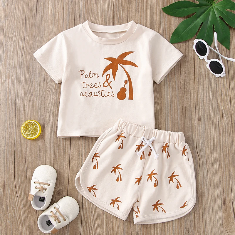 

2PCS Baby Boys Pants Suit Short Sleeve Tree Print Crew Neck T-Shirt, Same Style Short Pants, Toddler Summer Shorts Set