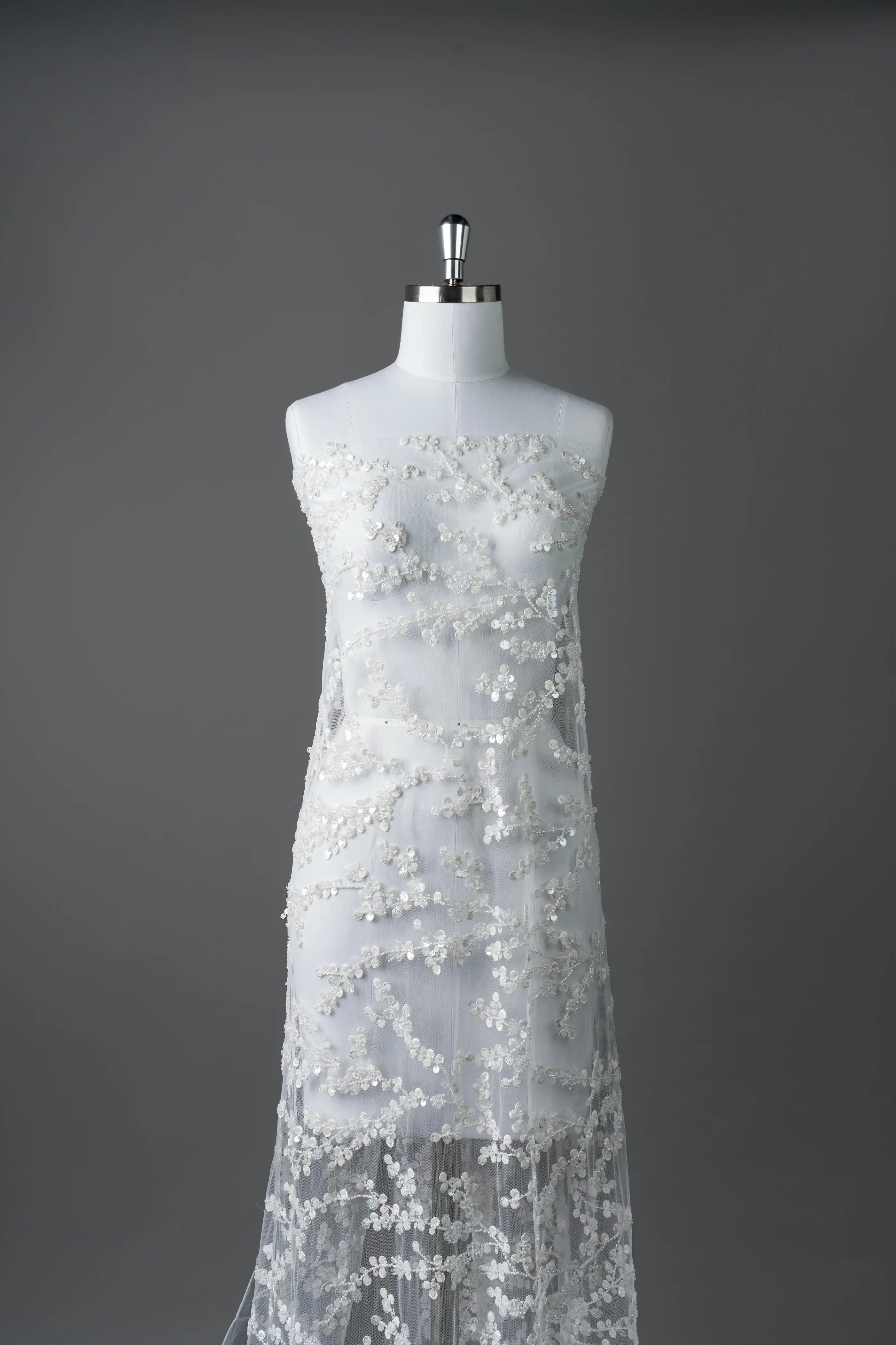 Высококачественная тюлевая ткань с белыми кружевными блестками и бисером для