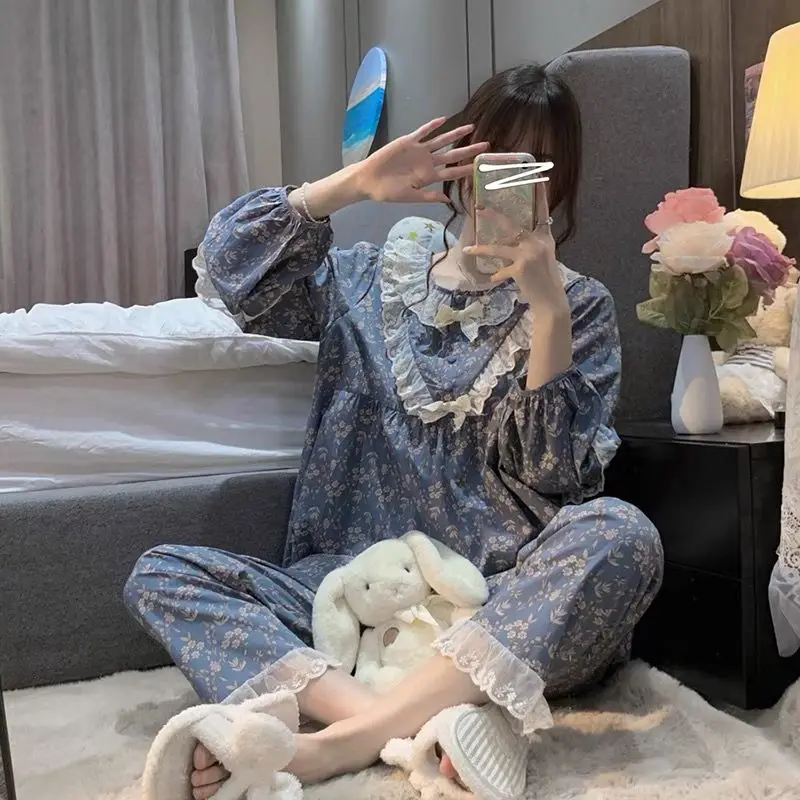 QWEEK Sleepwear Set Woman 2 Pieces Pajamas Vintage Ruffles Bow Pyjamas Nightwear Pijamas Trouser Suits Spring Autumn Home Wear