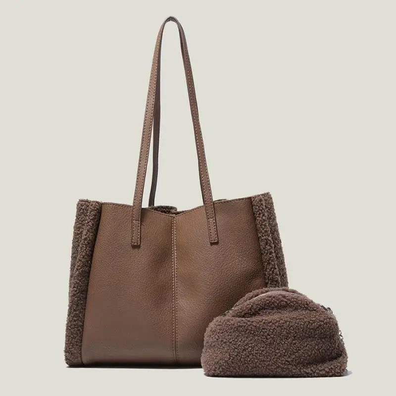 

Casual Lambswool Large Tote Designer Women Handbag Luxury Matte Pu Leather Patchwork Shoulder Bags Faux Fur Big Shopper Bag 2022