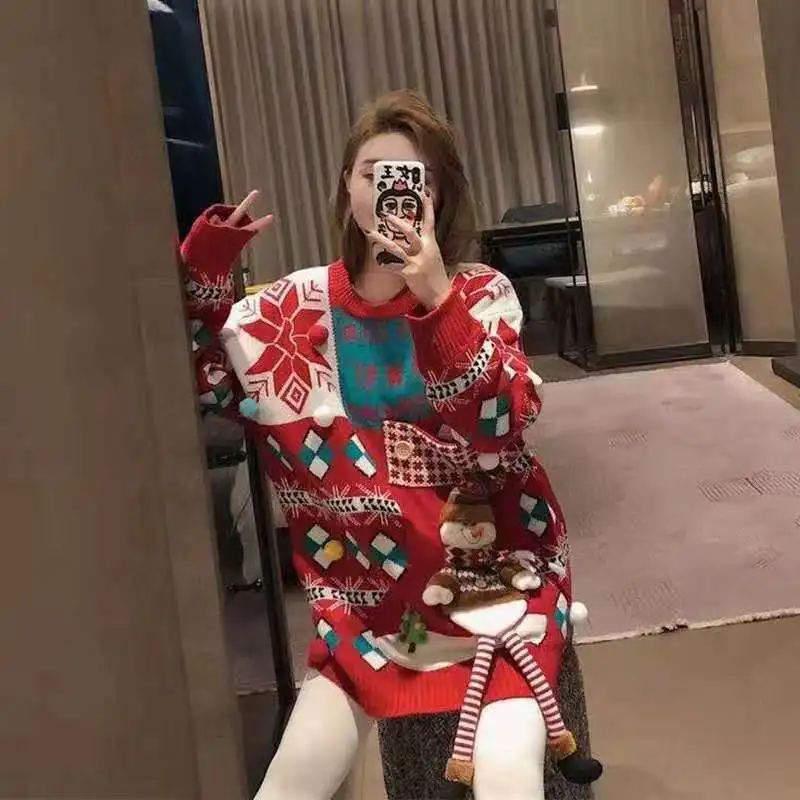 

2022 Winter New Trend Couples Snowflake Christmas Snowman Loose Thickened Sweater Women in Long Paragraph Round Neck