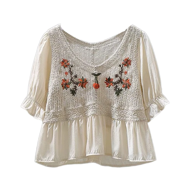 

Sweet Lace Crochet T Shirt for Women Girls Embroidered Butterfly Cherry T-shirt Relaxed Fit Tees Stylish V Neck Tee Tops