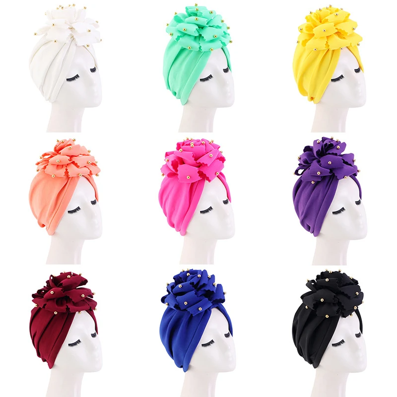 

Muslim African Style Hijab Caps For Ladies Solid Color Big Flowers Three-dimensional Ethnic Hat Air Cotton Comfortable Scarf Hat