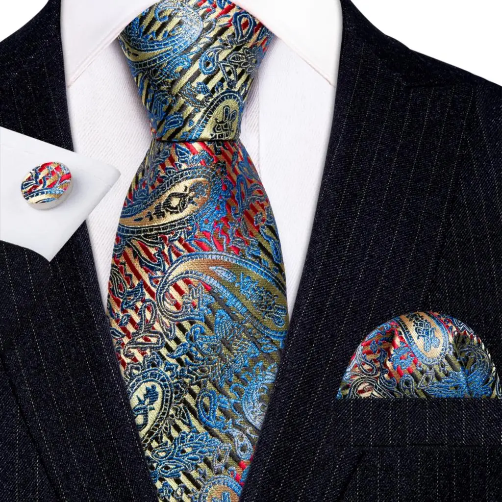 

Дизайнерский синий, золотой, красный, черный полосатый галстук Пейсли для мужчин, карманный квадратный запонки, свадебный бизнес, Барри · Ван 6304