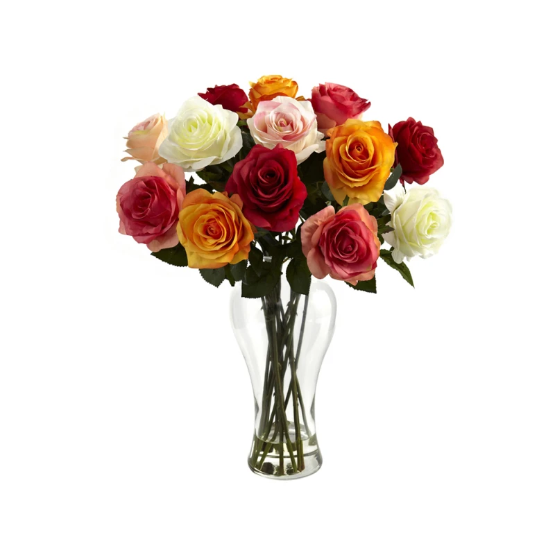 Free shipping Multicolored Blooming Roses Artificial Flower Arrangement With Vase