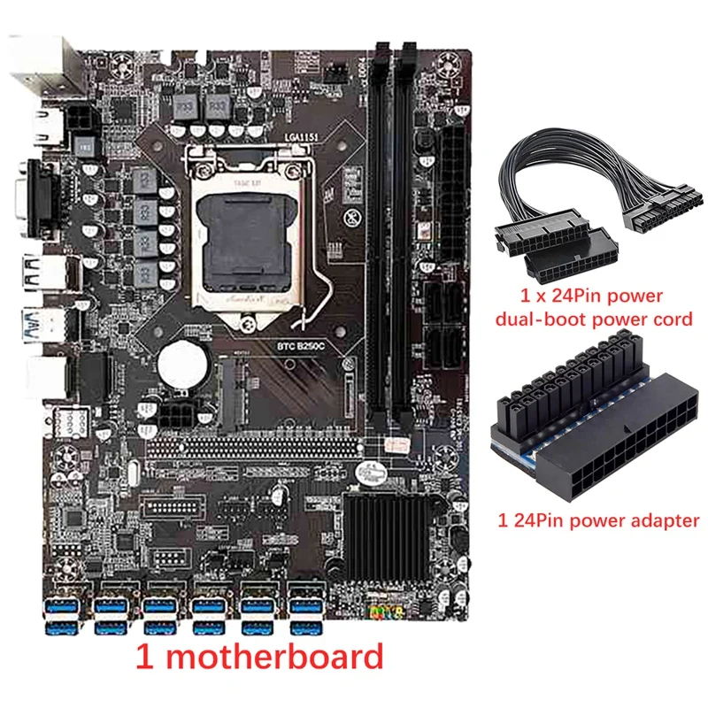 

NEW-B250C 12 Card BTC/ETH Mining Motherboard+24Pin Power Adapter+24Pin Power Cable 12 USB3.0 Slot LGA1151 DDR4 SATA3.0 MSATA
