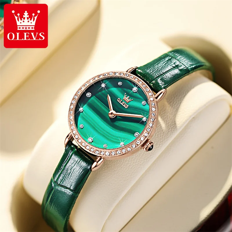 OLEVS 2023 New Luxury Women Watch Top Brand Fashion Waterproof Green Leather Strap Diamond Ladies Quartz Wristwatch Montre Femme