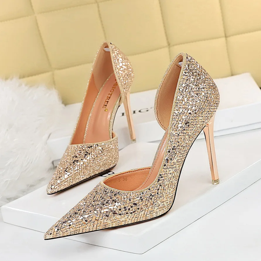 

BIGTREE Shoes Sequins Women Pumps 2022 Spring Stiletto High Heels Sliver Champagne Wedding Shoes Metal Heel Party Shoes Size 43