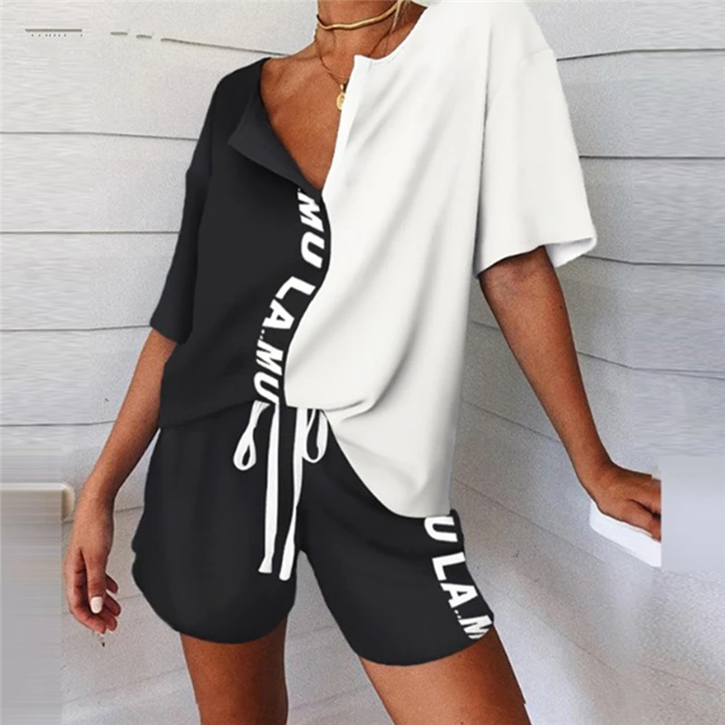 

Women's Print Pajama Set Summer 2 Piece Set Women's Tracksuit T-Shirt Suits Female Casual Suits 2022 V-neck Top