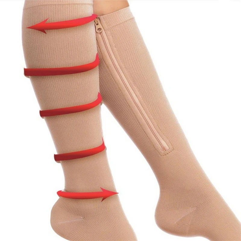 

1Pair Unisex Open Toe Compression Socks Knee Length Zipper Up Calf Leg Anti-Fatigue Stocking Varicosity Support Elastic Socks