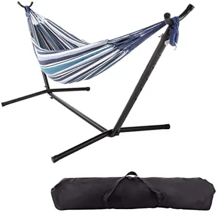 

Brazilian Hammock with Stand Included \u2013 Woven Cotton, 2-Person, Outdoor Swing with Frame for Camping, Backyard, or by (Bl