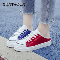2022 women heelless slippers round toe mixed colors lace up stylish cool mules slip on soft casual outdoor