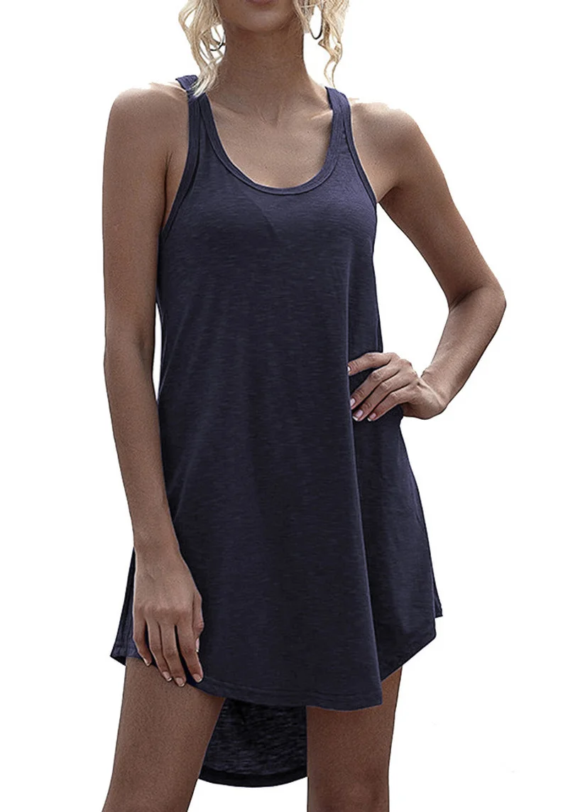 

Dresses for Women Solid Colour O-Neck Casual Sleeveless Tank Top Dresses Irregular Length Vest Summer Loose Fashion Midi Dress