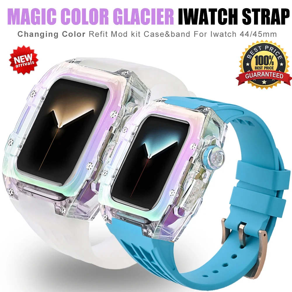 

Glacier Case Modification Kit for Apple Watch Band 45mm 44mm Women Transparent Case Silicone Strap IWatch Series 8 7 6 SE 5 4