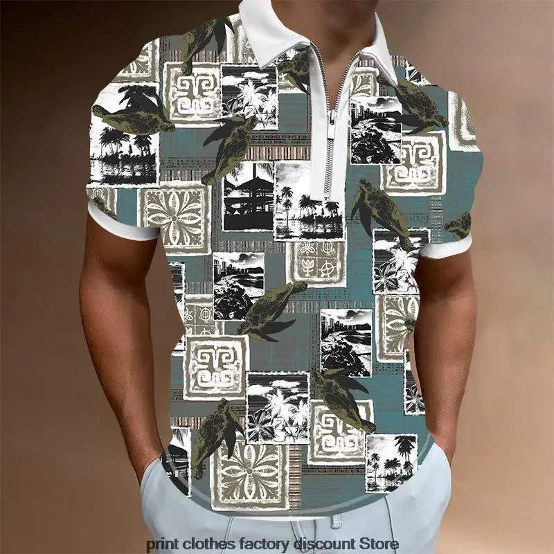 

Men Summer Polo Shirt Shorts Sleeve Business Clothes 3D All Over Printed Turn-Down Collar Zipper Design Casual Loose Streetwear