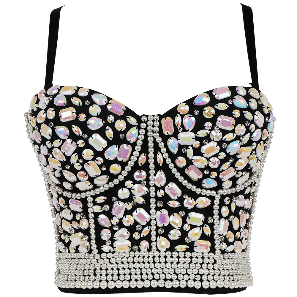 

Plus Size High quality Hand-made Pearls Jewel Diamond beading Women's Sexy Bustier Bra Cropped sling Top Vest Bra bling Corset