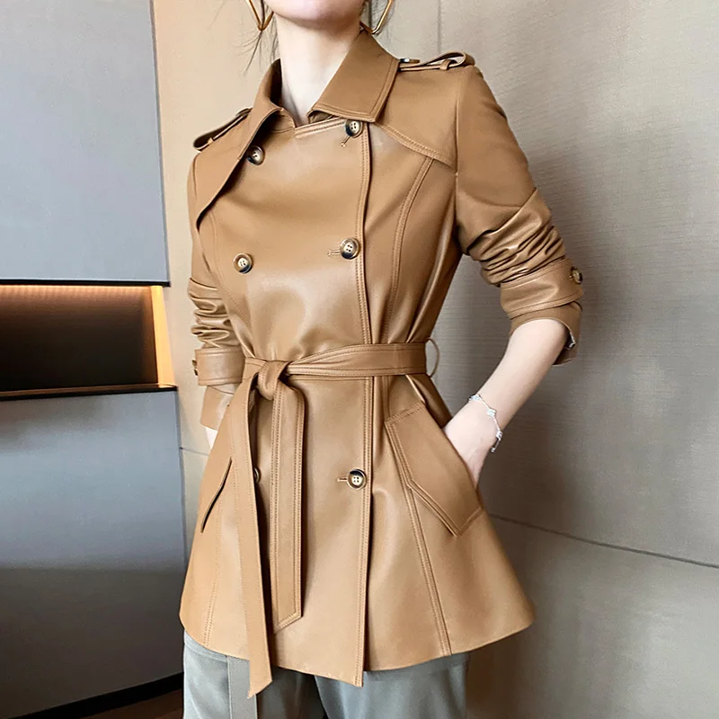2023 Autumn Winter Belted Genuine Leather Jackets Real Leather Coats Women Jackets Female Sheep Leather Outwear CL4873