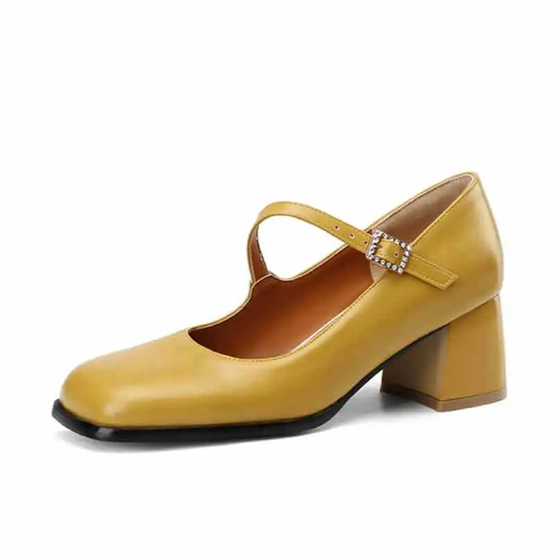 

Туфли-лодочки женские на толстом каблуке 6 см, квадратный носок, пряжка, высокий каблук, желтые, размеры 32-46