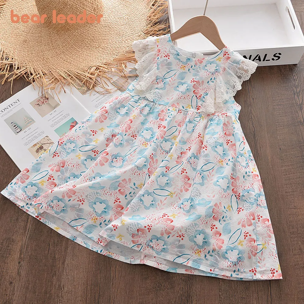 

Bear Leader Flowers Girls Dresses 2022 Summer New Children's Wear Girls Fashion Lace Flying Sleeves Clothes Sweet Princess Dress