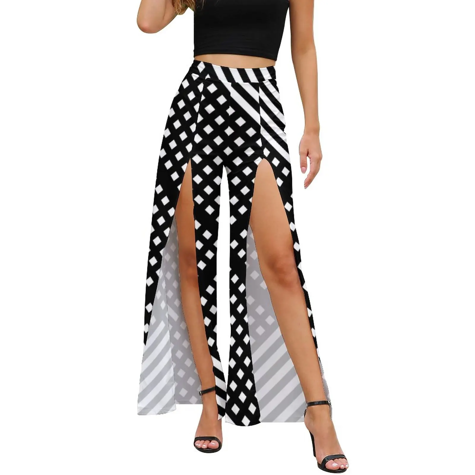 

Black White Striped Pants High Waist Slit Straight Abstract Geometric Sexy Trousers Summer Ladies Beach Print Wide Leg Pants