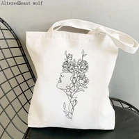 women shopper bag face with flowers line drawing bag harajuku shopping canvas shopper bag girl handbag tote shoulder lady bag