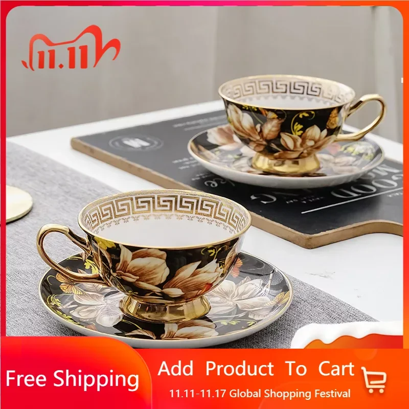

European Style Black Espresso Coffee Cup Beautiful Flower Tea Cup Porcelain Coffee Mugs Canecas Porcelain Tableware Set AA50BD