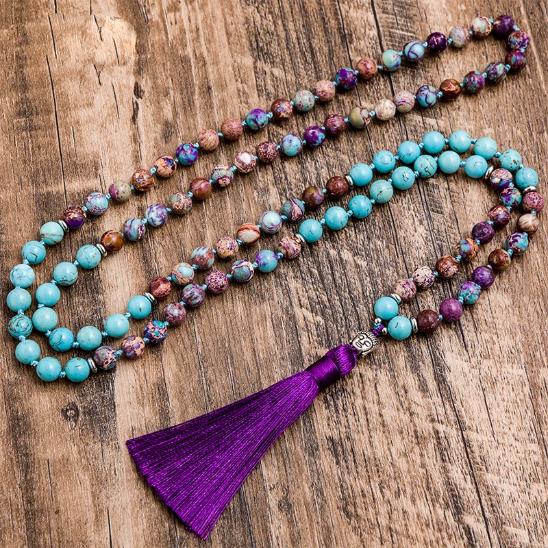 

8mm Emperor Jade Blue Turquoise Beads Knotted 108 Mala Necklace Meditation Yoga Prayer Jewelry with Buddha Head Pendant