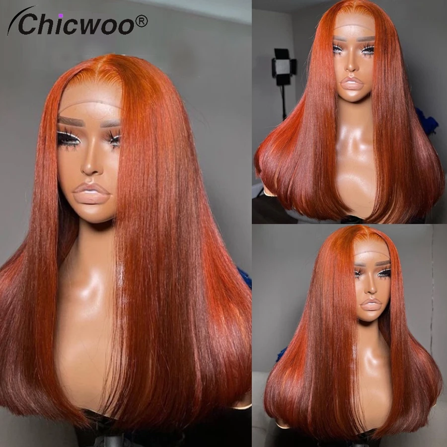 

Indian Remy Human Hair Transparent Lace Frontal Wigs Dark Orange 13x6 Lace Front Silky Straight Auburn Wig Preplucked Hairline