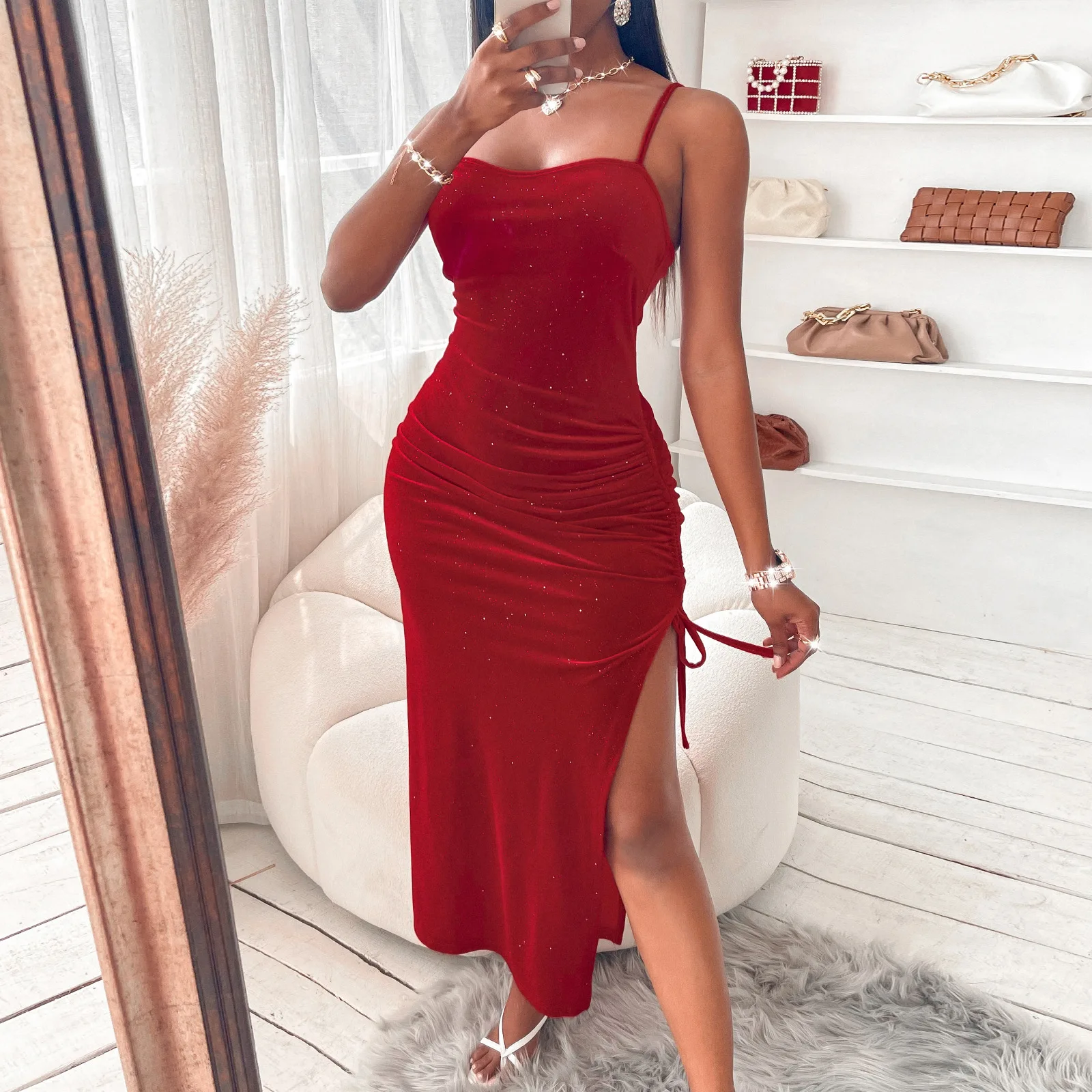 

2023 Spring and Summer New Suspender Dress Women's Mid-length Skirt Temperament Commuter Red Dresses Female & Lady Clothing