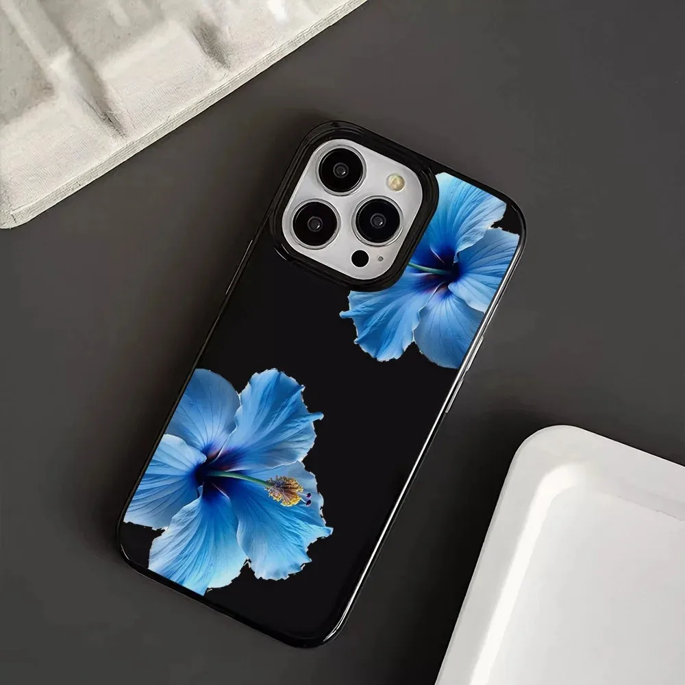 Фото Глянцевый черный чехол для телефона с цветком гибискуса для iPhone 17, 16, 15, 14 Plus, 13, 12, 11 Pro MAX, 17 Air, синий чехол с цветочным узором гибискуса №3