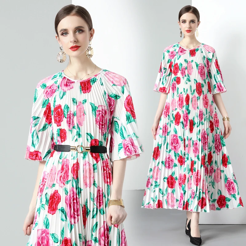 Женское плиссированное платье с круглым вырезом универсальное свободное