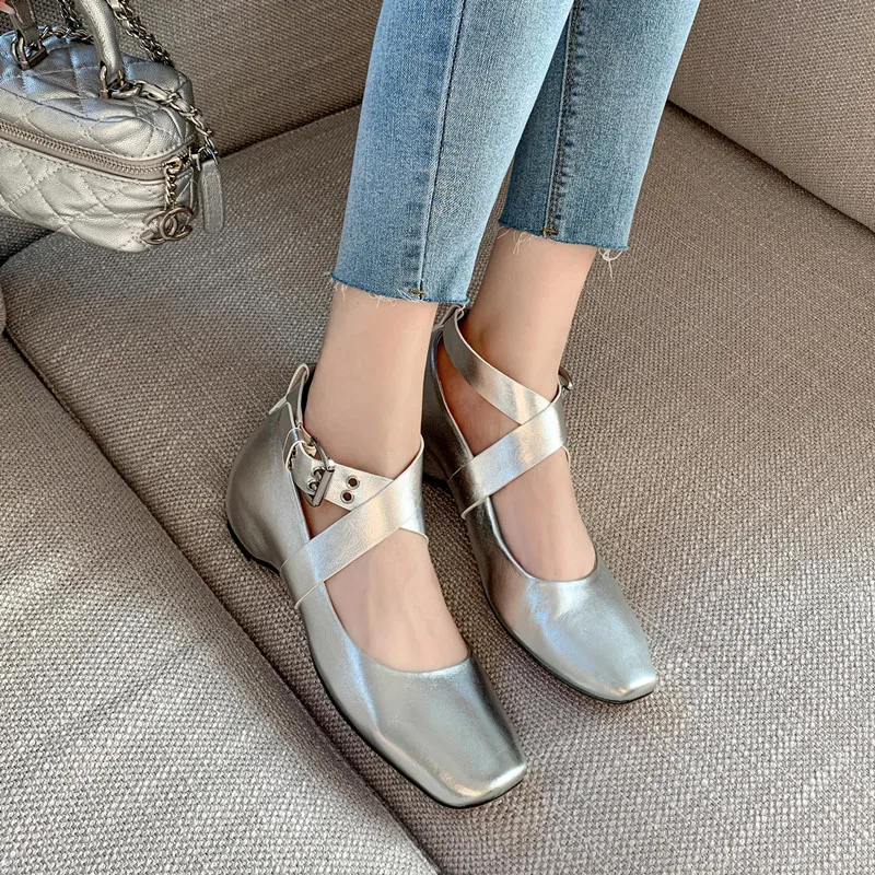 Girls Ballet Flats Improved Women Lncreased with Cross Buckles Flats Fashion Soft Real Leather Sweet Mary Janes Shoes