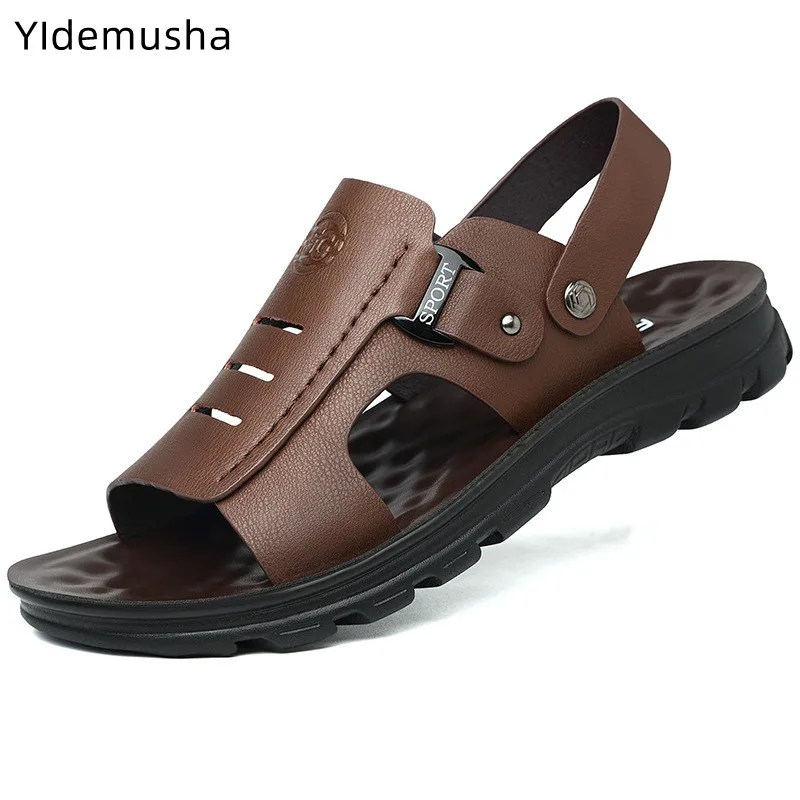 

Мужские однотонные кожаные сандалии, повседневные удобные мягкие пляжные сандалии с открытым носком, лето 2022