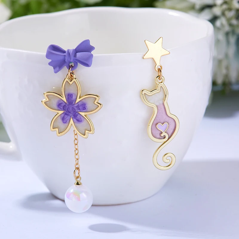 

Fashion Sweet Asymmetric Enamel Bow Flower Cat Earrings for Women Exquisite Cute Imitation Pearl Tassel Earring Jewelry Gift