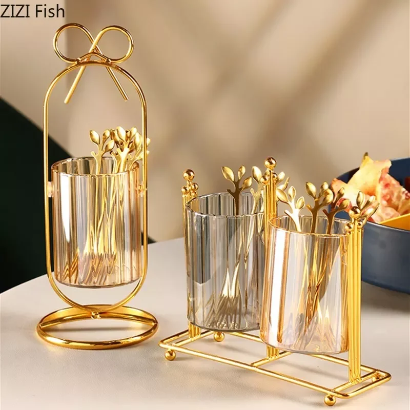 

2022New Stainless Steel Glass Storage Tank Stainless Steel Fruit Fork Set Modern Home Kitchen Fruit Fork Storage Tool Chopstick
