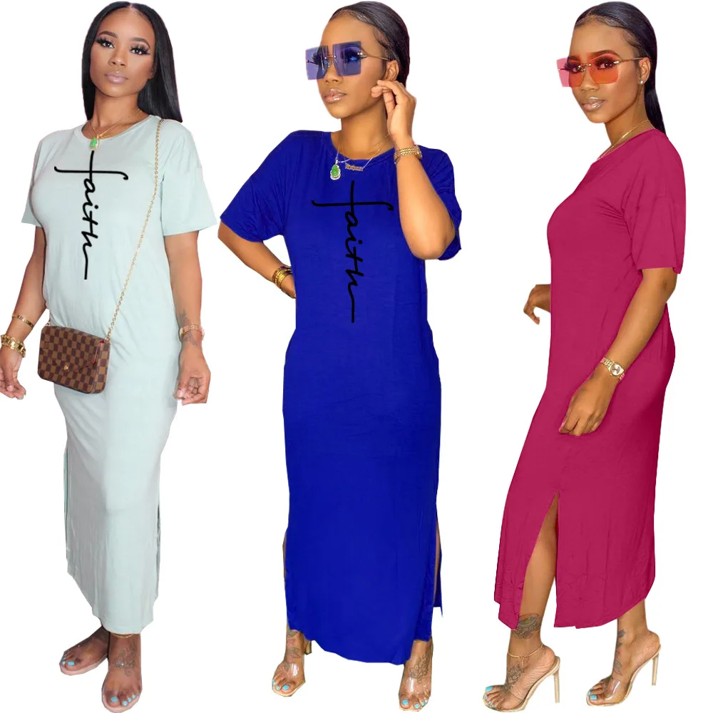 

Summer Casual Shift Dress Women's Fashion Alphabet Print Round Neck Short Sleeve Slit Long Dress Women