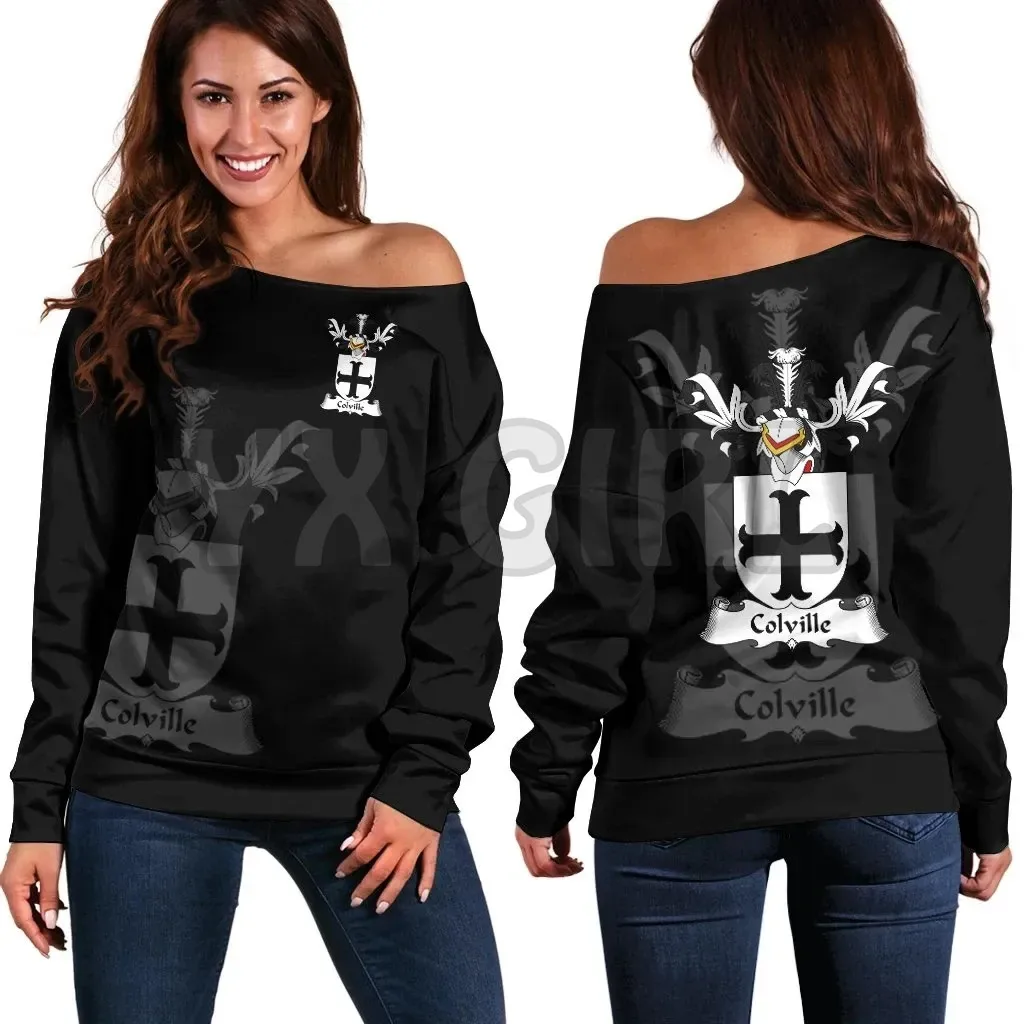 YX GIRL Colville Family Crest Women's Off Shoulder Sweater  3D Printed Novelty Women Casual Long Sleeve Sweater Pullover