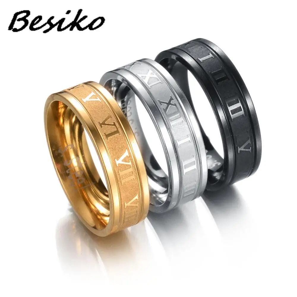 

Besiko 6mm Roman Numerals Gold Black Cool Punk Rings 316L Stainless Steel Wedding Band Ring for Men Women Jewelry dropshipping