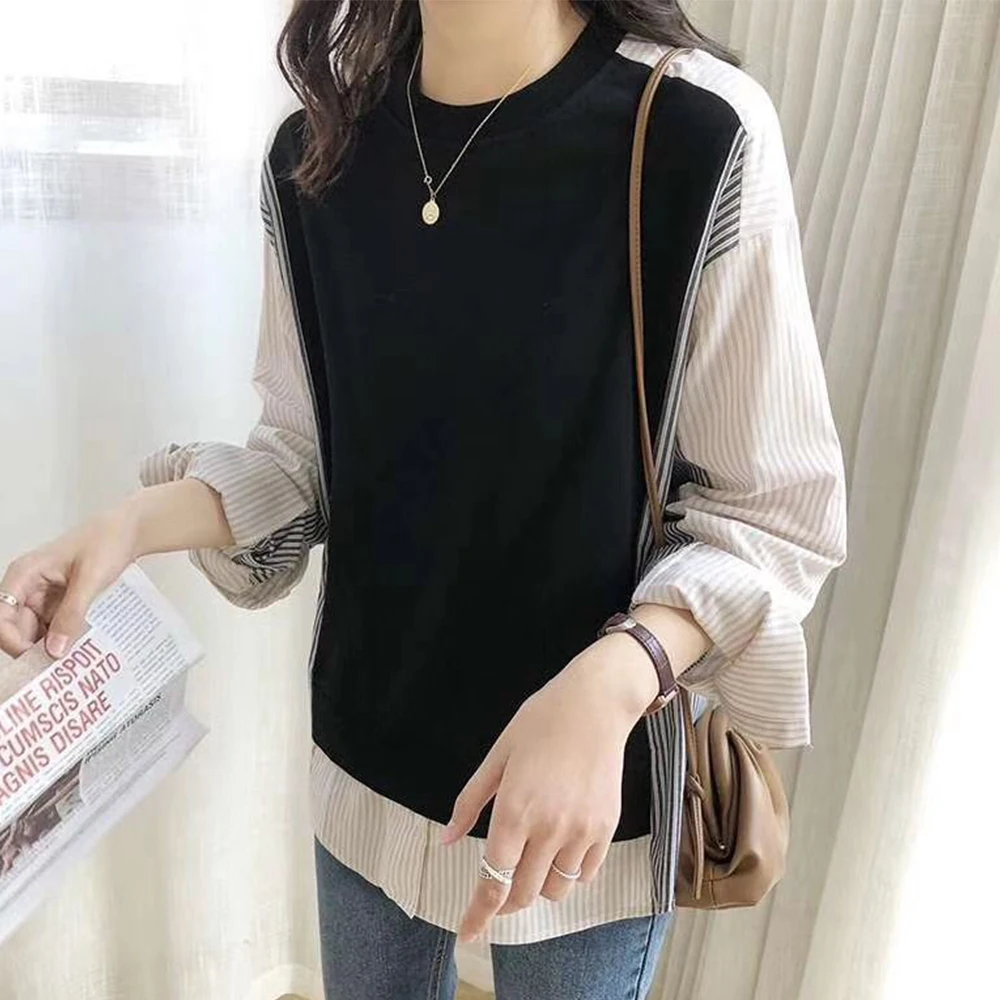 

New Korean Ladies Mock Two Piece Blouse Loose Retro Niche Design Sense Ins Trendy Long-sleeved Striped Stitching Top For Summer
