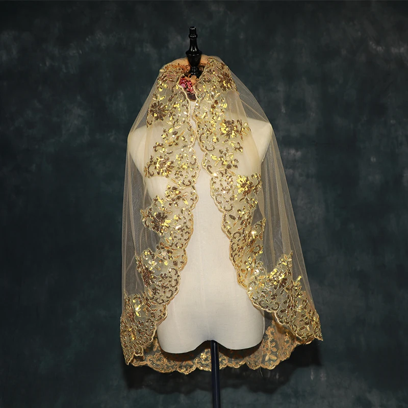 

0.9M BlingBling Bridal Veil Gold White Red Green Blue Wedding Hair Accessories Wedding Veil 1 Layer Bride Lace With Comb